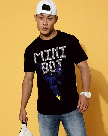 Mini Bot Black Regular Chest Graphic Printed Tshirt