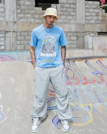 Heaven Blue Oversized Chest Graphic Printed Tshirt