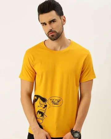 Anger Mustard Regular Fit Placement Printed Tshirt