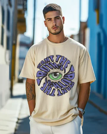 Truth Beige Oversized Chest Graphic Printed Tshirt