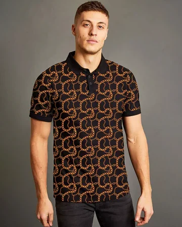 Black Printed All Over Geometric Printed Polo T-shirt