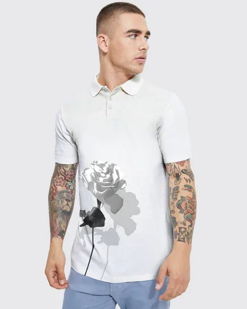 White Rose Graphic Front Printed Polo T-shirt